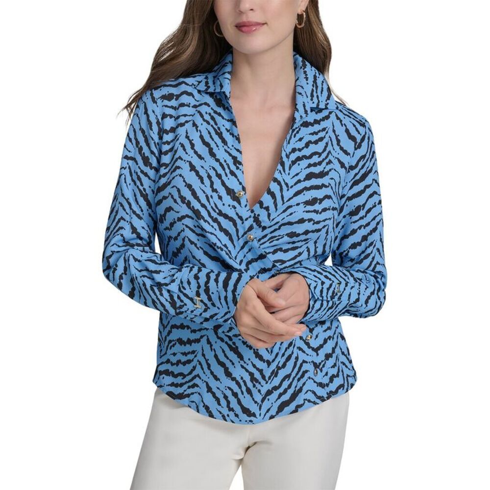 Halston Womens Printed Faux Wrap Blouse, Blue